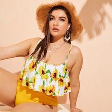 Romwe Plus Sunflower Flounce Top With High Waist Bikini