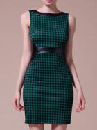 Romwe Green Contrast Pu Houndstooth Sheath Dress