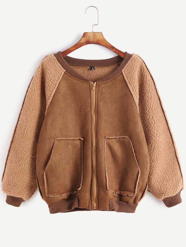 Romwe Khaki Contrast Sherpa Raglan Sleeve Patch Pockets Jacket