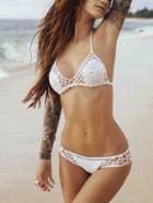 Romwe Halter Hollow Out Crochet Bikini Set