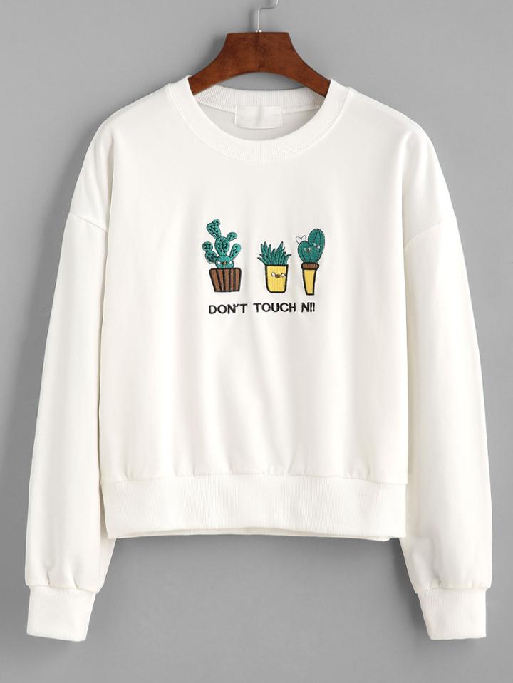 Romwe White Letter And Cactus Embroidered Sweatshirt