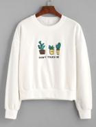 Romwe White Letter And Cactus Embroidered Sweatshirt