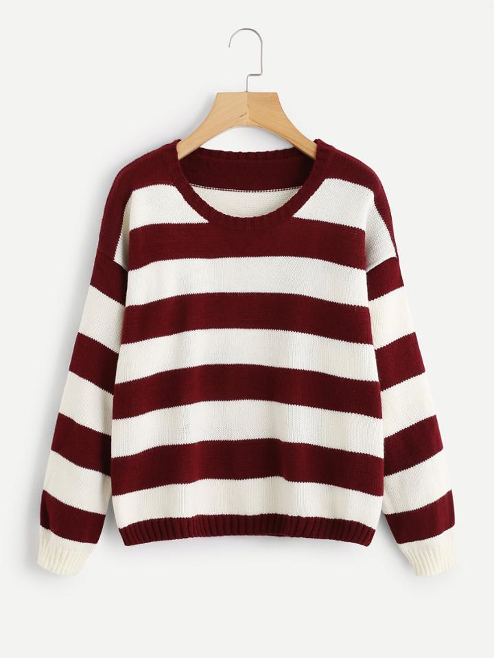 Romwe Drop Shoulder Contrast Striped Sweater