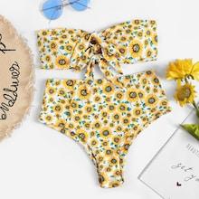 Romwe Knot Front Self Tie Bandeau With High Waist Bikini