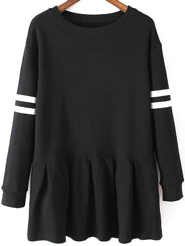 Romwe Long Sleeve Varsity-striped Peplum Hem Black Dress