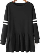 Romwe Long Sleeve Varsity-striped Peplum Hem Black Dress