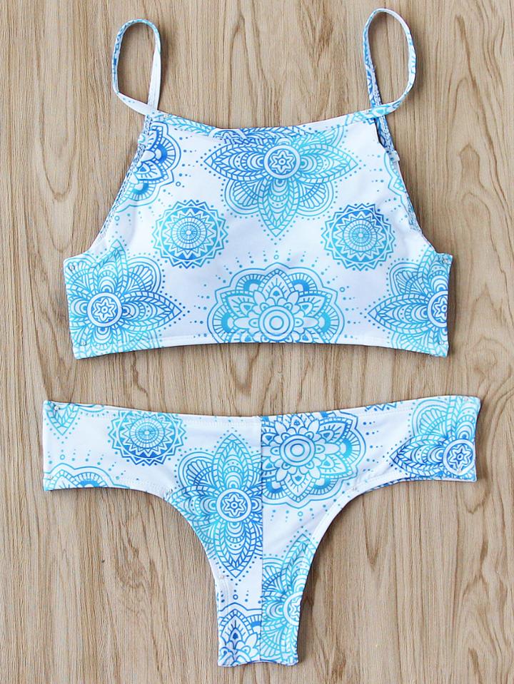 Romwe Lotus Flower Print Bikini Set