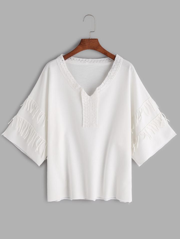 Romwe White V Neck Crochet Trim T-shirt