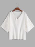 Romwe White V Neck Crochet Trim T-shirt