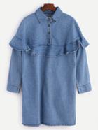 Romwe Blue Ruffle Trim Denim Shirt Dress