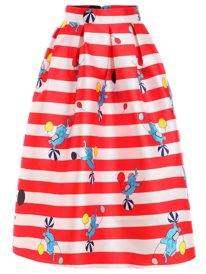 Romwe Striped & Elephant Print Box Pleated Midi Skirt