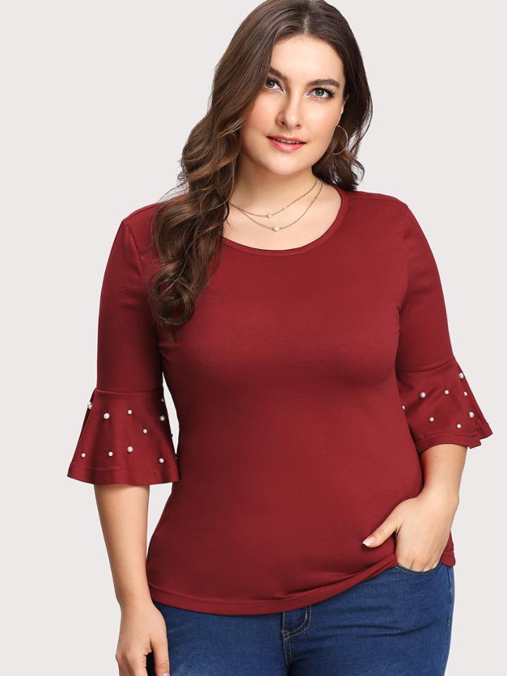Romwe Pearl Beading Trumpet Sleeve Tee