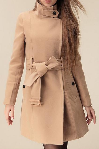 Romwe Romwe Belted Pocketed Zippered Long Sleeves Camel Coat