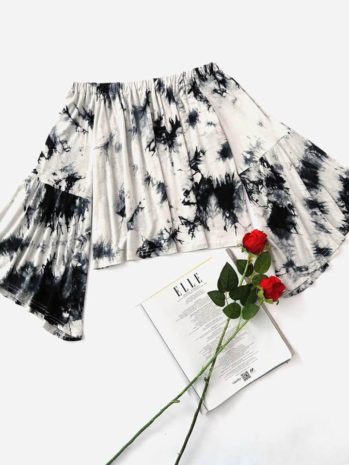 Romwe Off Shoulder Fluted Sleeve Water Color Top