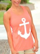 Romwe Anchor Print Watermelon Red Tank Top
