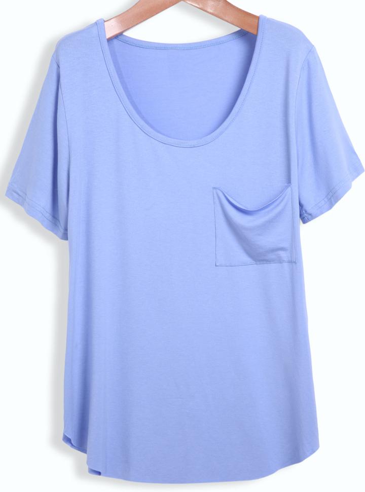 Romwe Scoop Neck Pocket Loose Blue T-shirt