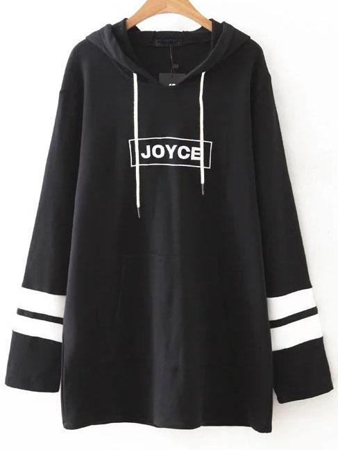 Romwe Black Color Block Letter Embroidery Hooded Sweatshirt Dress