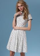 Romwe Stand Collar Vintage Print Pleated Dress