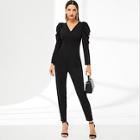 Romwe Puff Sleeve Tailored Wrap Jumpsuit