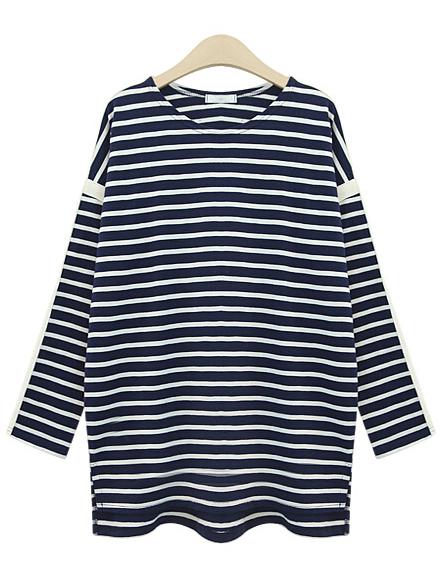 Romwe Long Sleeve Striped Loose Black T-shirt
