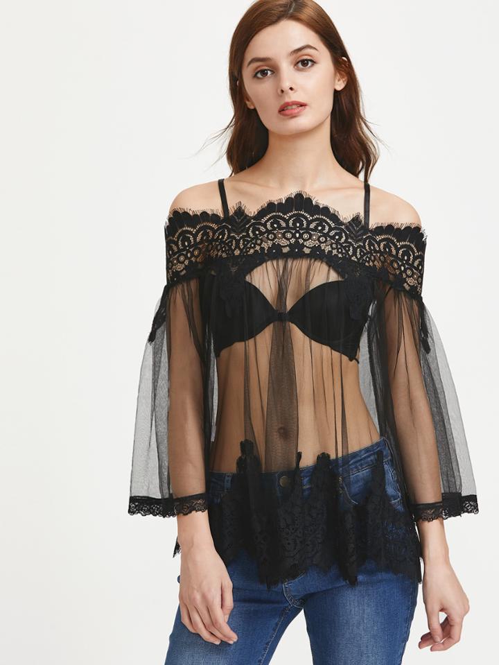 Romwe Open Shoulder Sheer Mesh Lace Trim Top