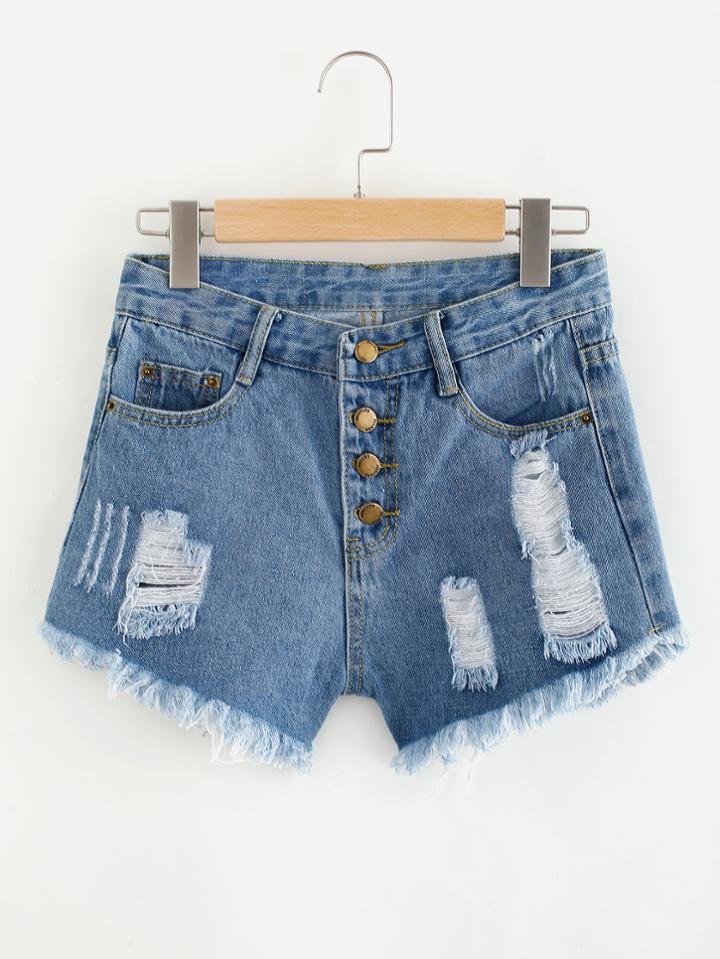 Romwe Distressed Single Breasted Fray Hem Shorts