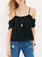 Romwe Black Spaghetti Strap Off The Shoulder Lace Blouse