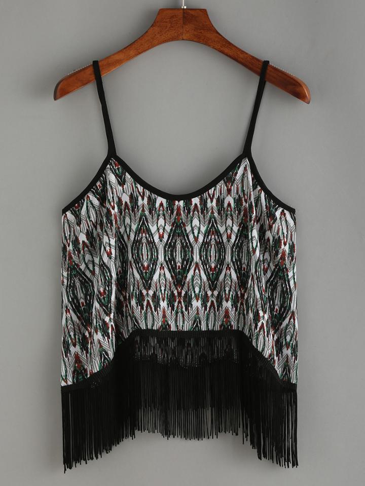 Romwe Geometric Print Fringe Cami Top