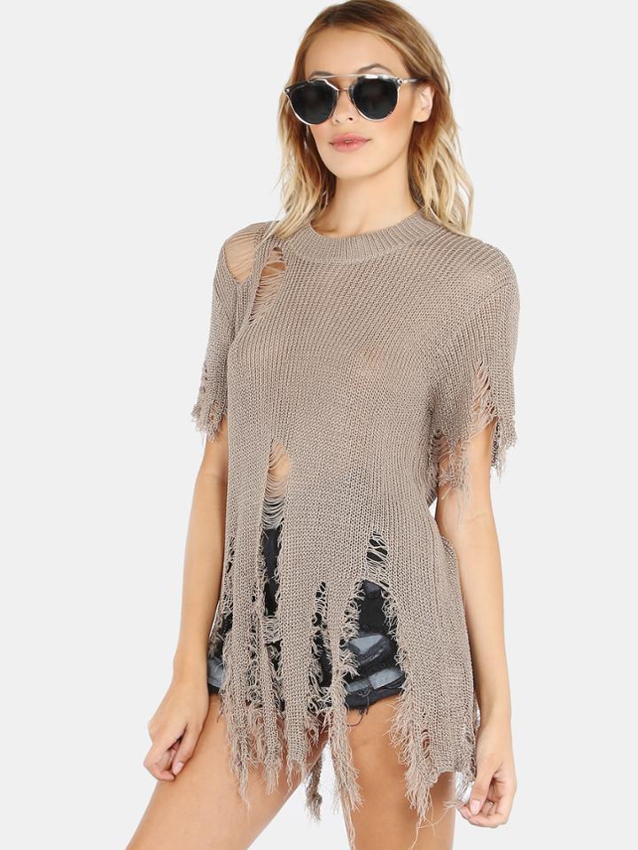 Romwe Distressed Knit Frayed Sleeves Top Cocoa