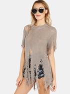 Romwe Distressed Knit Frayed Sleeves Top Cocoa