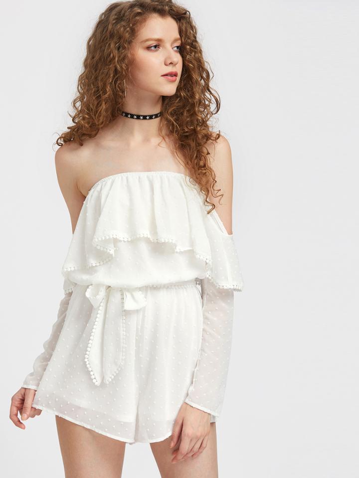 Romwe Crochet Trim Flounce Off Shoulder Belted Dot Jacquard Playsuit