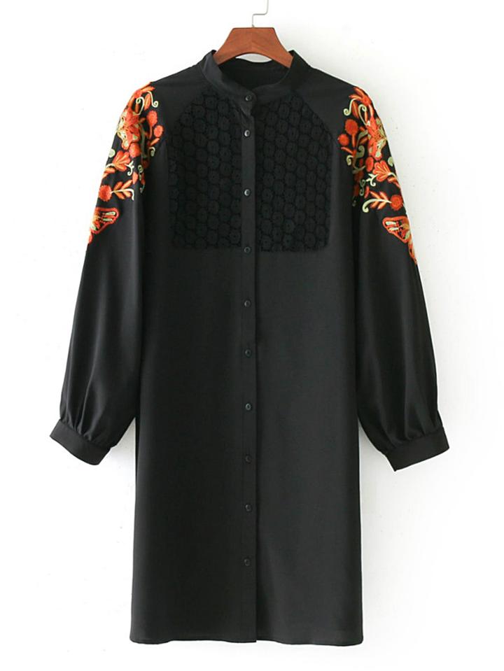 Romwe Contrast Lace Butterfly Embroidery Shirt Dress