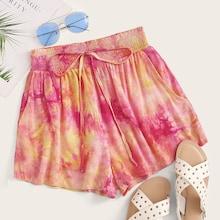 Romwe Knot Shirred Waist Tie Dye Shorts