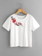 Romwe Flower Embroidery Applique Tee