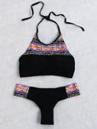 Romwe Black Printed Halter Bikini Set