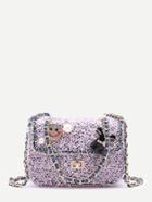Romwe Cute Pink Faux Pearl Rhinestone Woolen Box Bag With Chain Strap
