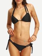 Romwe Double Strap Halter Side-tie Bikini Set - Black