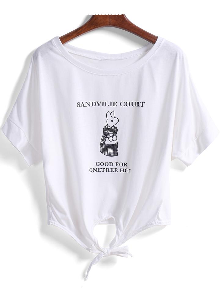 Romwe Rabbit Print Knotted White T-shirt