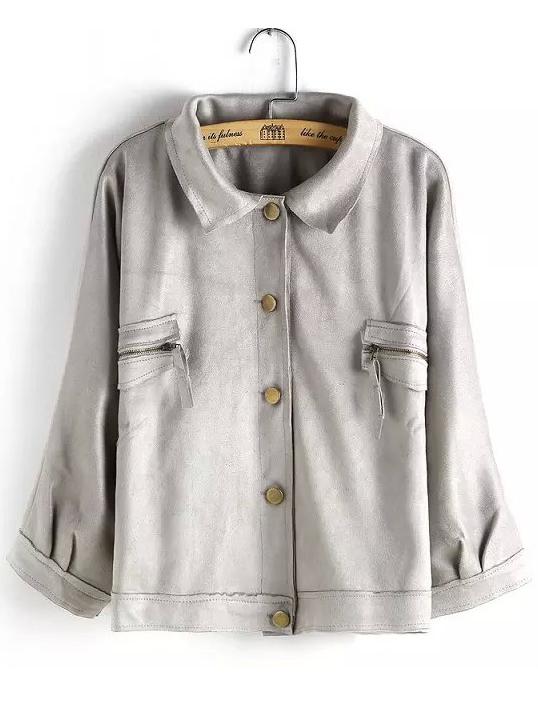 Romwe Lapel Buttons Pockets Suede Grey Coat