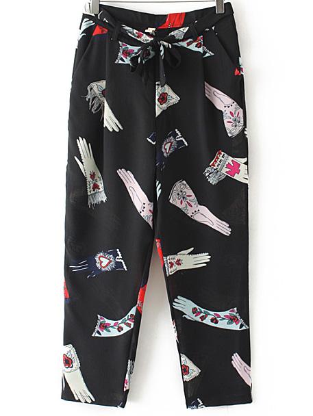 Romwe Black Pockets Tie-waist Bow Printed Pants