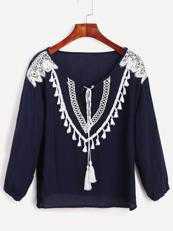 Romwe Navy Tie Neck Contrast Lace Applique Fringe Blouse