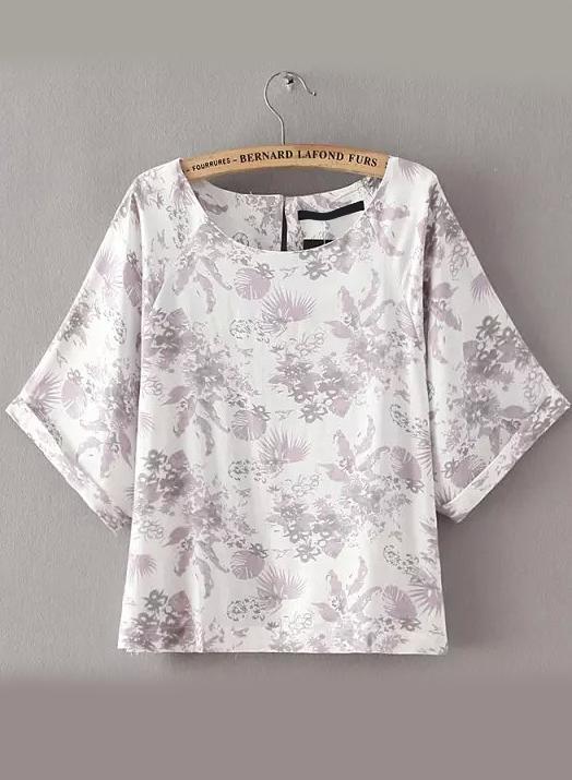 Romwe Cuffed Tropicals Print Grey Top
