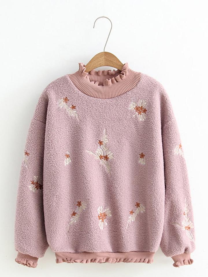 Romwe Floral Embroidered Lettuce Edge Sweatshirt