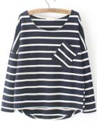 Romwe Black Dropped Shoulder Seam Striped Dip Hem Pocket T-shirt