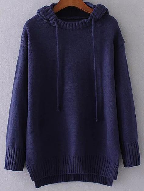 Romwe Navy Drawstring Hooded Dip Hem Sweater