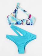 Romwe Graphic Print One Shoulder Asymmetrical Bikini Set