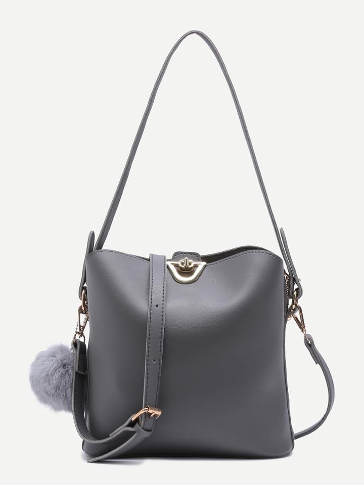 Romwe Grey Pu Pom Pom Shoulder Bag With Convertible Strap