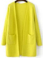 Romwe Yellow Ribbed Split Side Longline Sweater Coat With Pocket