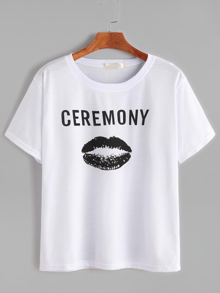 Romwe White Lips Print T-shirt