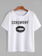 Romwe White Lips Print T-shirt